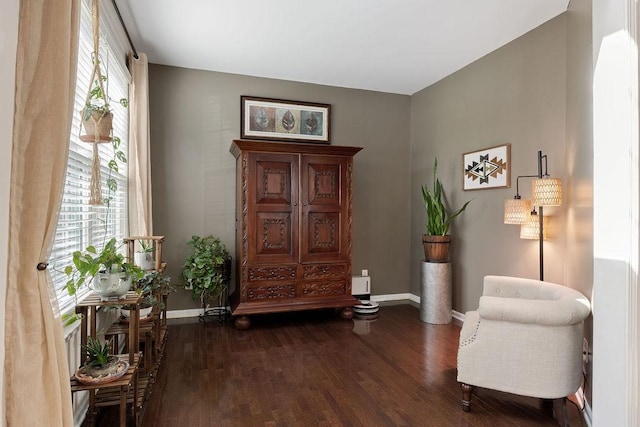 sitting room with baseboards, plenty of natural light, and wood finished floors