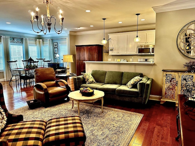 living area featuring baseboards, a notable chandelier, dark wood-style floors, and ornamental molding