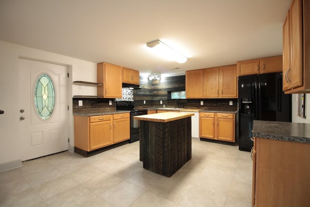 kitchen featuring black appliances, open shelves, under cabinet range hood, a center island, and decorative backsplash