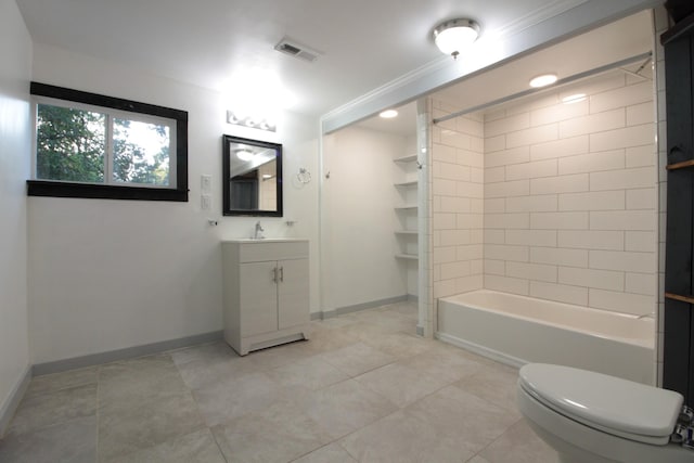 full bathroom with vanity, toilet, baseboards, and visible vents