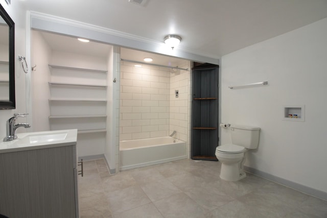 full bath with baseboards, toilet, shower / bathtub combination, tile patterned floors, and vanity