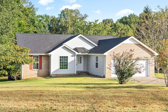 ranch-style home with brick siding, concrete driveway, a front yard, roof with shingles, and an attached garage