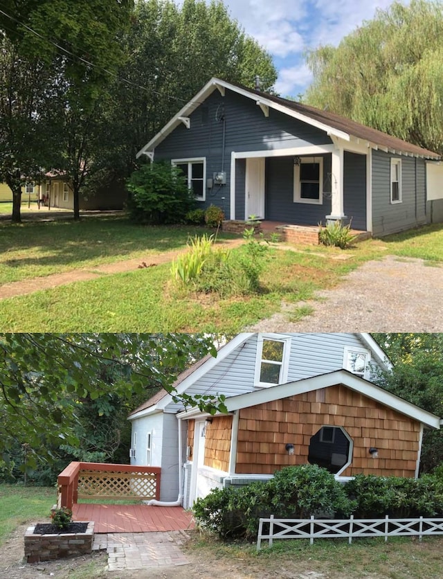 view of front facade featuring a deck and a front yard