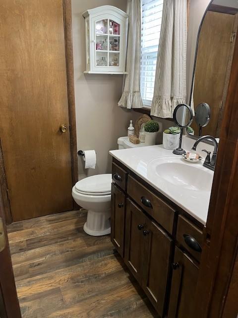 bathroom with vanity, toilet, and wood finished floors