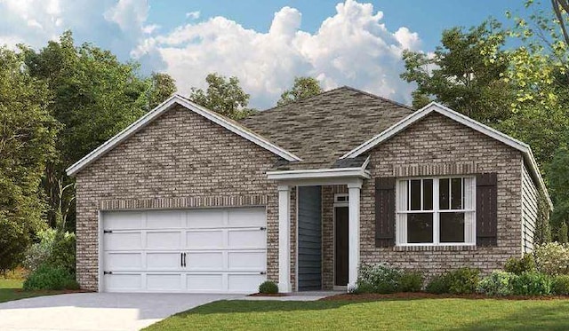 view of front of home with brick siding, driveway, and a garage