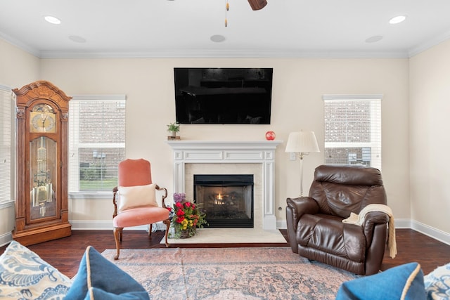 living area featuring dark wood finished floors, crown molding, baseboards, and a high end fireplace