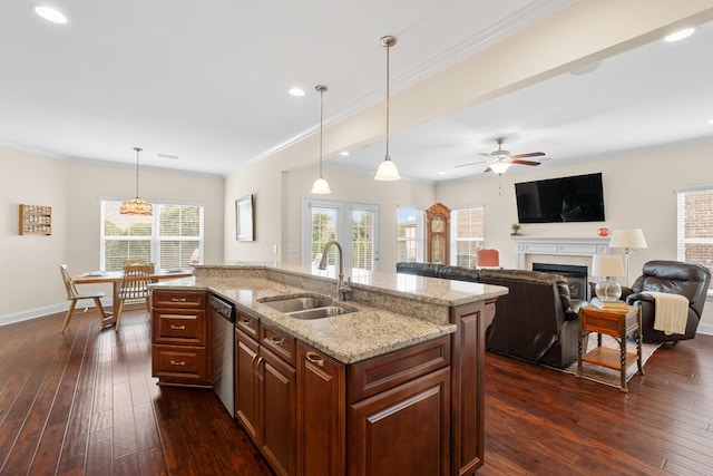 kitchen featuring a sink, stainless steel dishwasher, a fireplace, and dark wood-style flooring