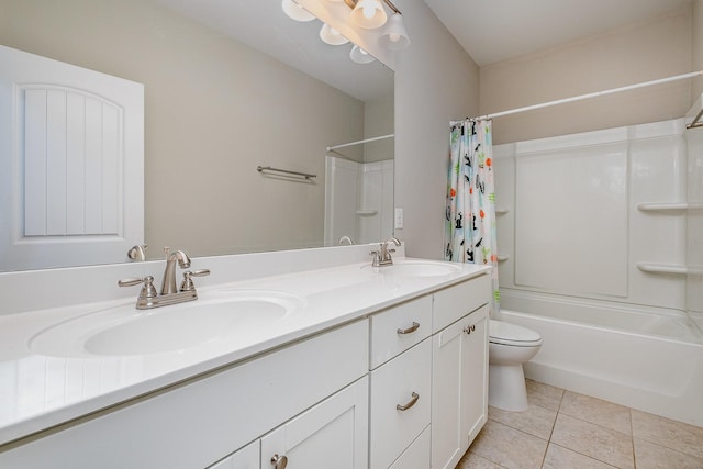 bathroom featuring tile patterned floors, shower / bathtub combination with curtain, double vanity, and a sink