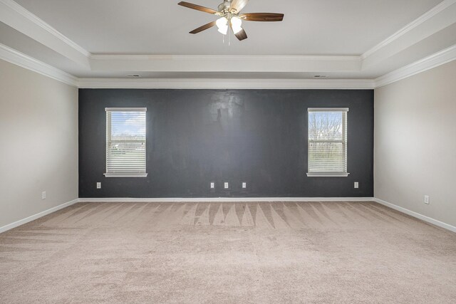 carpeted empty room featuring a ceiling fan, a tray ceiling, and ornamental molding