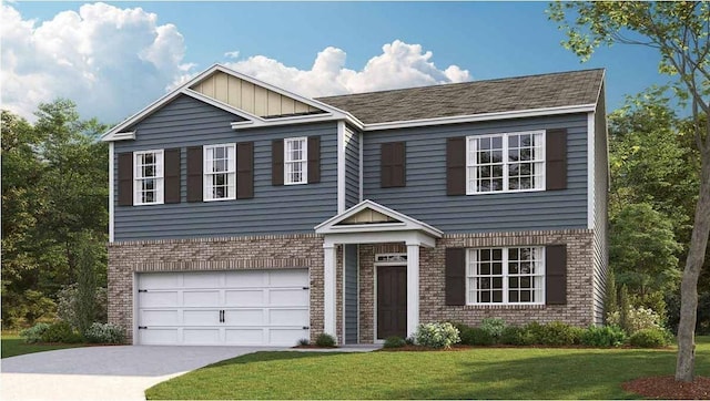 view of front facade featuring board and batten siding, concrete driveway, a front yard, a garage, and brick siding