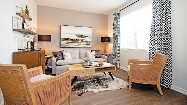 living room with baseboards and wood finished floors