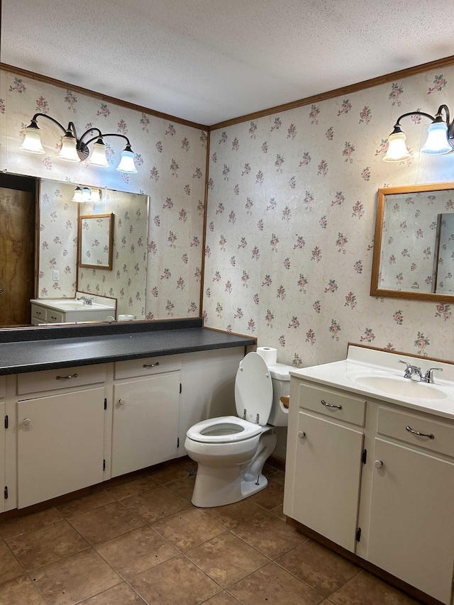 bathroom featuring toilet, a textured ceiling, wallpapered walls, and crown molding