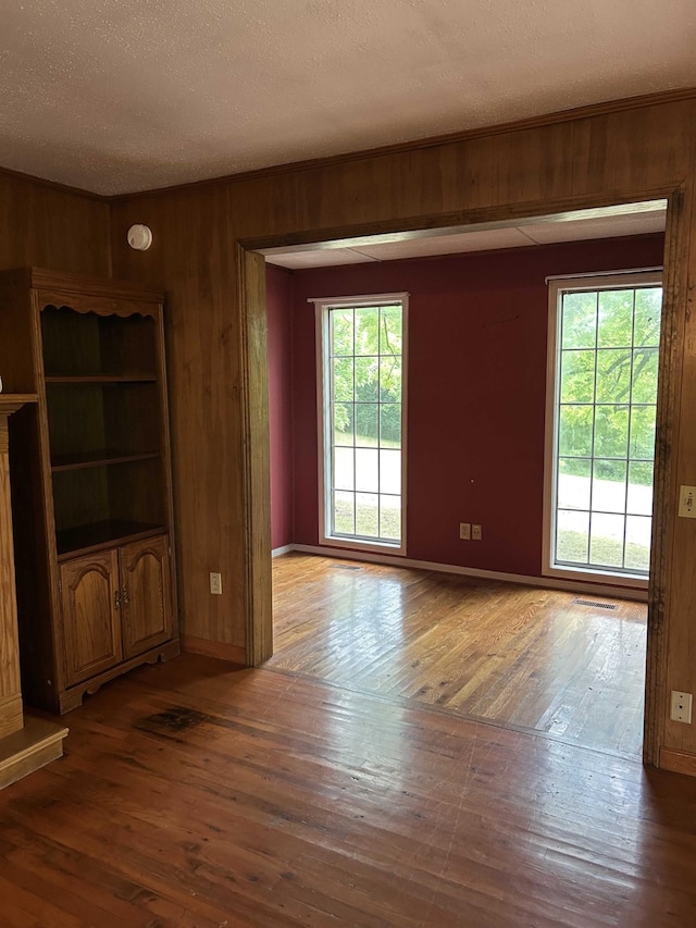 interior space featuring wooden walls, plenty of natural light, and wood-type flooring