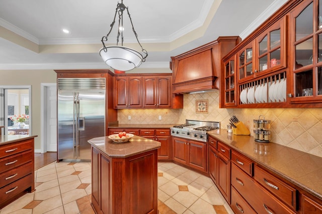 kitchen with dark stone countertops, premium range hood, a tray ceiling, stainless steel appliances, and crown molding