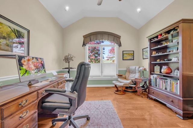 office space with ceiling fan, lofted ceiling, and wood finished floors