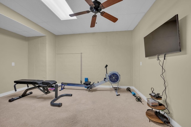 workout room featuring a drop ceiling, baseboards, carpet floors, and ceiling fan