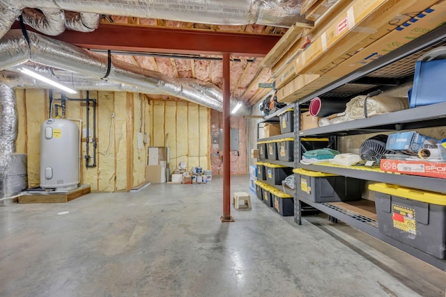 unfinished basement with electric panel and water heater