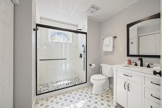 bathroom with a stall shower, toilet, visible vents, and ornamental molding