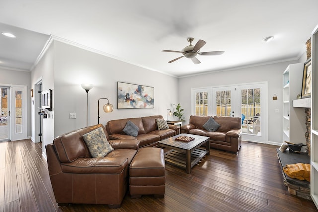 living room with crown molding, baseboards, ceiling fan, dark wood finished floors, and french doors