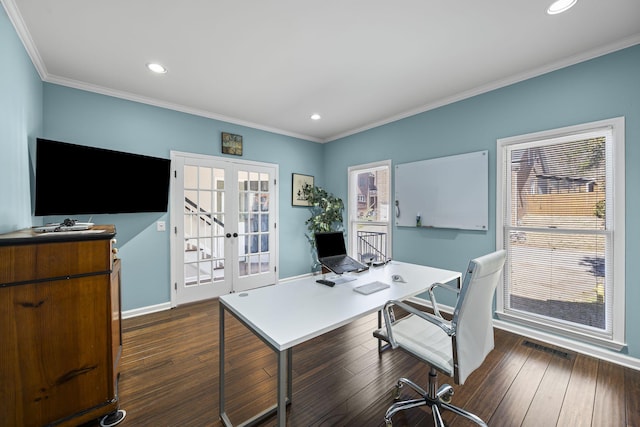 office area with dark wood-style floors, recessed lighting, french doors, and ornamental molding