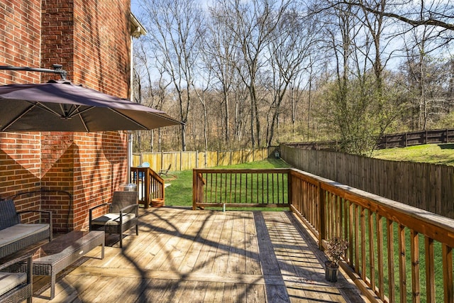 wooden deck with a forest view, a yard, and a fenced backyard