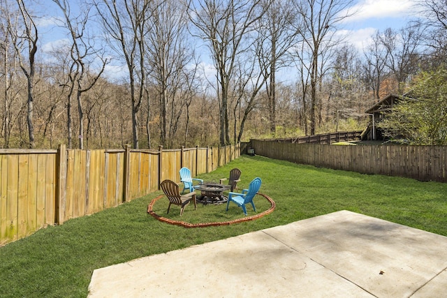 view of yard featuring a patio area, a fenced backyard, and an outdoor fire pit