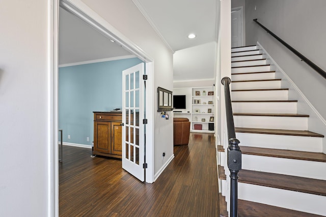 interior space with ornamental molding, wood finished floors, recessed lighting, baseboards, and stairs