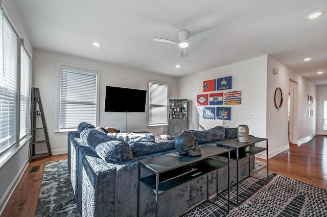 living area with baseboards, wood finished floors, plenty of natural light, and ceiling fan