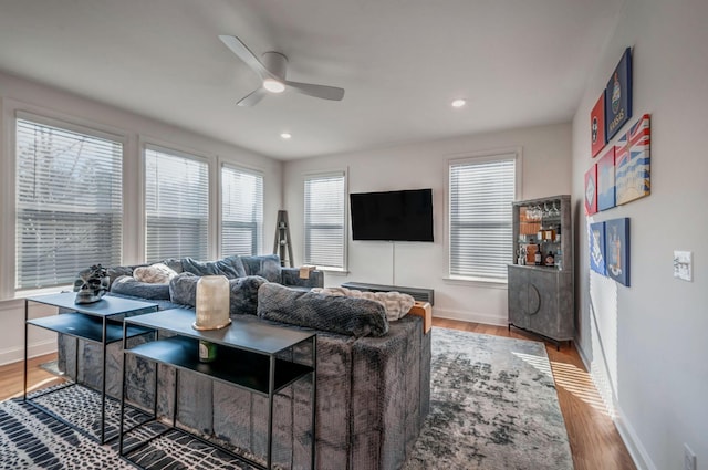 living area featuring wood finished floors, a ceiling fan, and baseboards