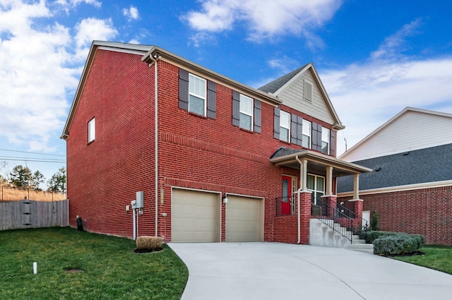 view of front facade with driveway, a front lawn, a porch, fence, and an attached garage