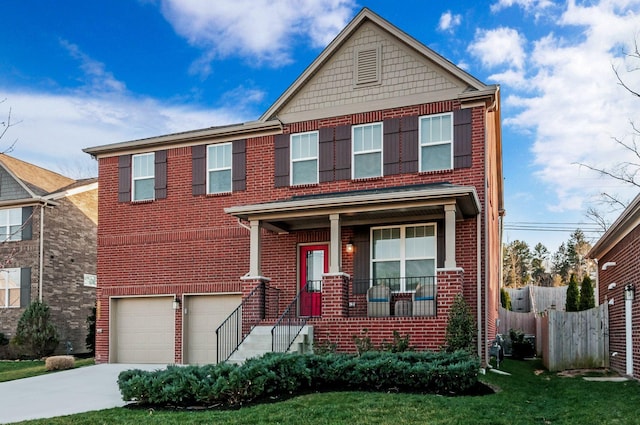 view of front of house featuring a garage, brick siding, and a porch