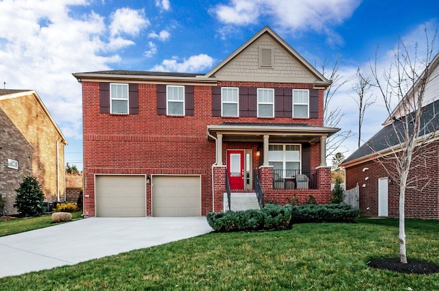 craftsman-style home with brick siding, a porch, and concrete driveway