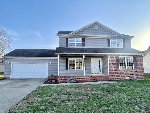 traditional-style home featuring a front lawn, a porch, concrete driveway, crawl space, and an attached garage