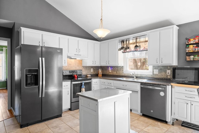 kitchen featuring a sink, under cabinet range hood, backsplash, appliances with stainless steel finishes, and white cabinets