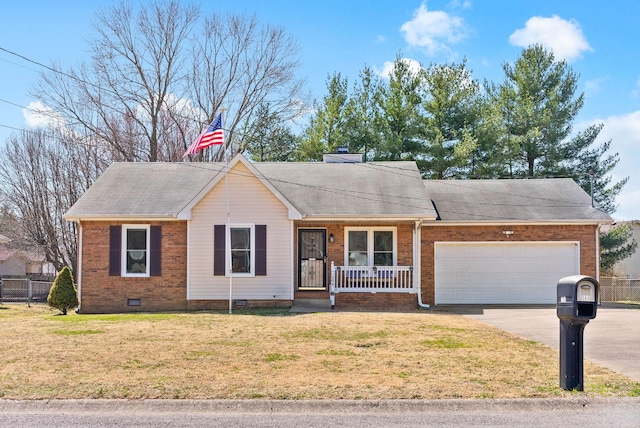 ranch-style home with a porch, concrete driveway, a front lawn, a garage, and crawl space