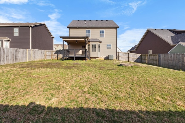 back of property with a lawn, central AC unit, and a fenced backyard