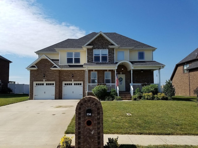 craftsman-style home featuring brick siding, concrete driveway, a front yard, covered porch, and an attached garage