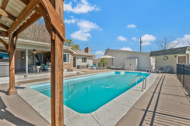 view of swimming pool featuring a patio, a fenced in pool, and fence