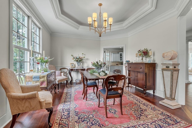 dining space featuring a tray ceiling, wood finished floors, a chandelier, and ornamental molding