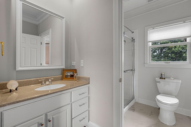 bathroom with a shower stall, crown molding, baseboards, toilet, and marble finish floor