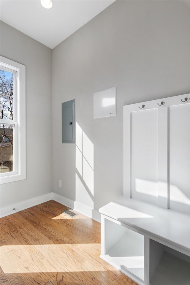 interior space featuring electric panel, baseboards, and wood finished floors