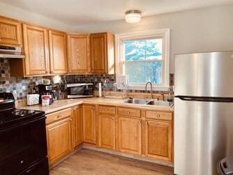 kitchen with ventilation hood, stainless steel appliances, light countertops, and a sink