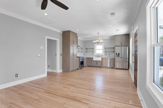 kitchen featuring visible vents, gray cabinets, ceiling fan with notable chandelier, open shelves, and stainless steel appliances