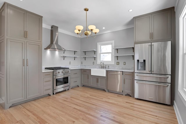 kitchen with gray cabinets, open shelves, a sink, wall chimney exhaust hood, and high end appliances