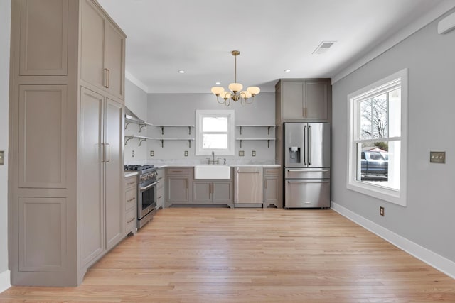 kitchen featuring gray cabinetry, open shelves, a sink, an inviting chandelier, and appliances with stainless steel finishes