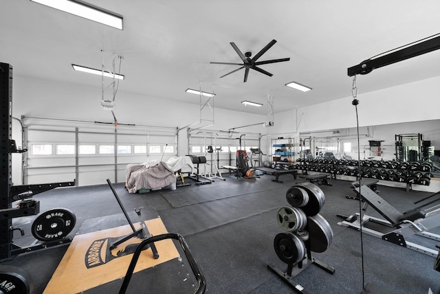 exercise room with ceiling fan