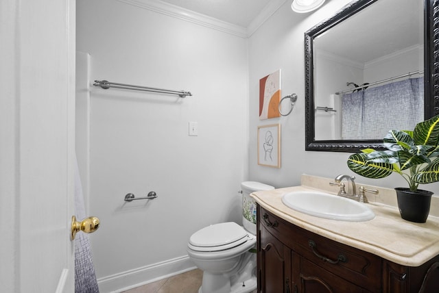 bathroom with tile patterned flooring, toilet, vanity, and ornamental molding