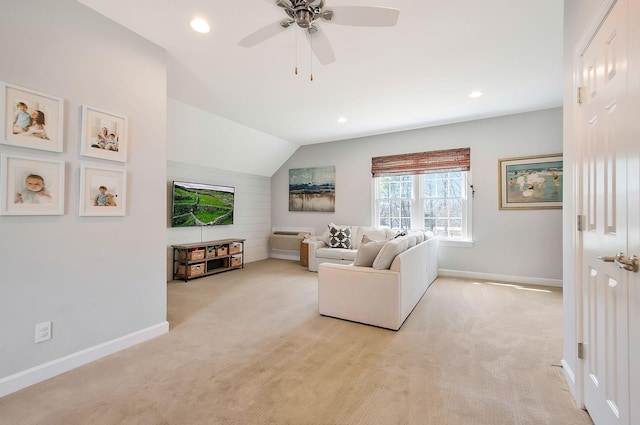 living room featuring baseboards, ceiling fan, light colored carpet, vaulted ceiling, and recessed lighting