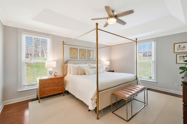 bedroom with multiple windows, a tray ceiling, and wood finished floors