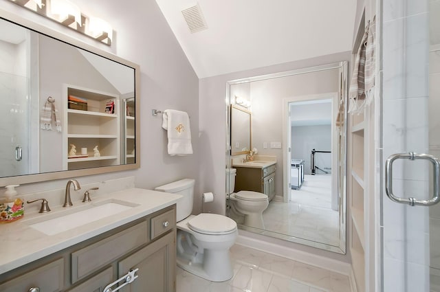 bathroom featuring visible vents, a shower stall, vaulted ceiling, marble finish floor, and a sink